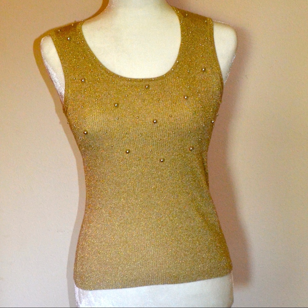 Gold Sleeveless Knit Top with Pretty Pearls